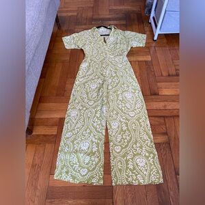 NEW Mango Green Paisley Jumpsuit XS Wide Leg Short Sleeve